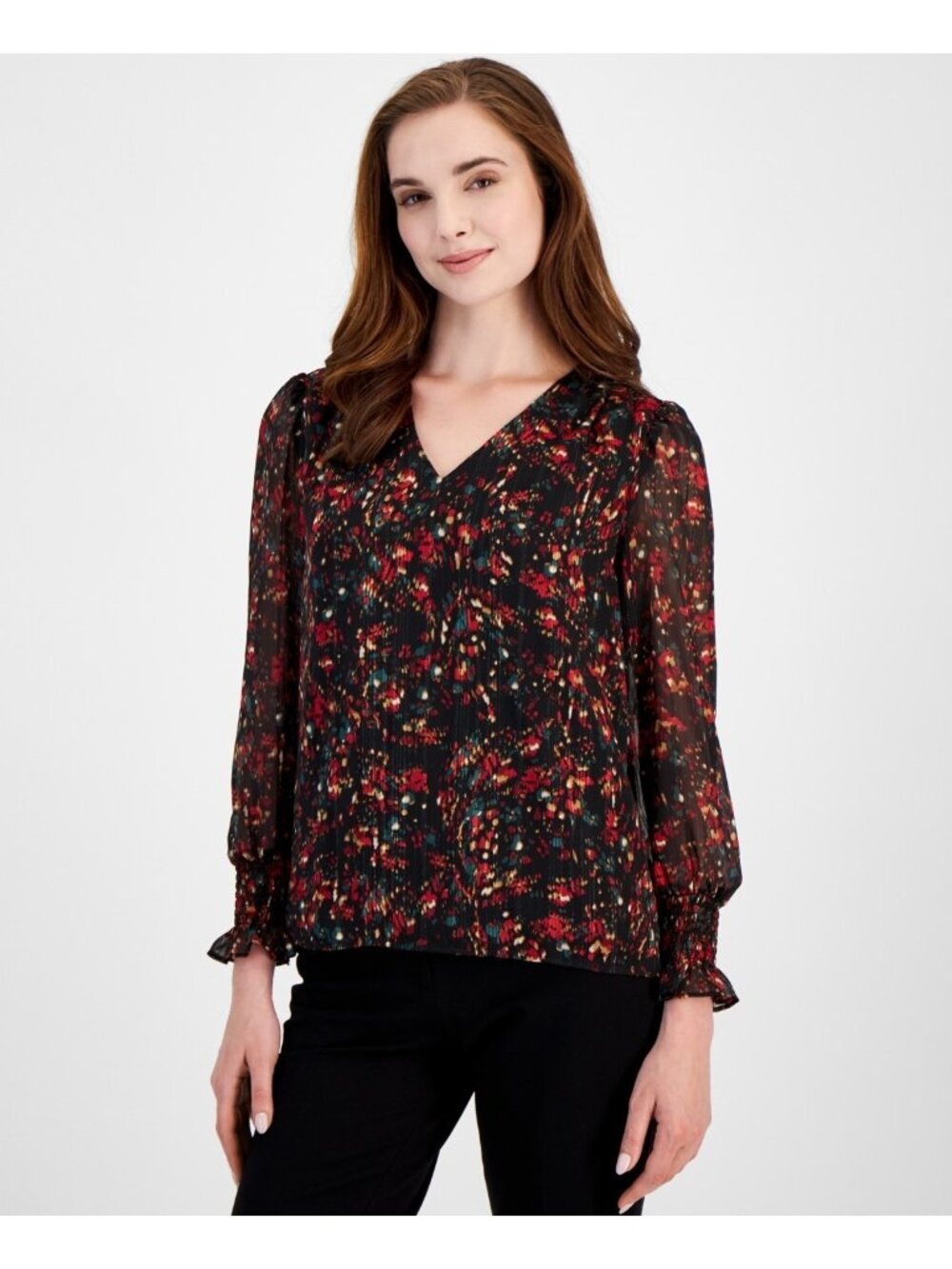 Anne Klein Women Printed V-Neck Long-Sleeve Smocked-Cuff Top Black Size L $89